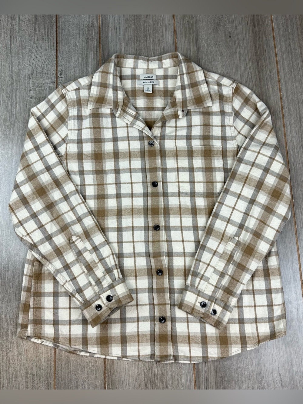 LL Bean Scotch Flannel Shirt Women’s Petite M Relaxed Beige Ivory